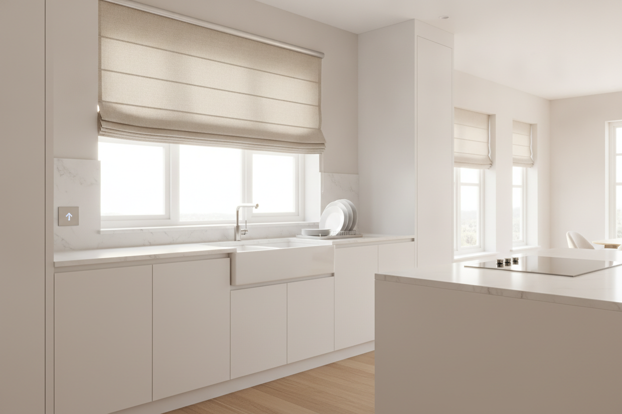 Stop Reaching Over the Dishes: Roman Shades for Kitchen Window Above Sink