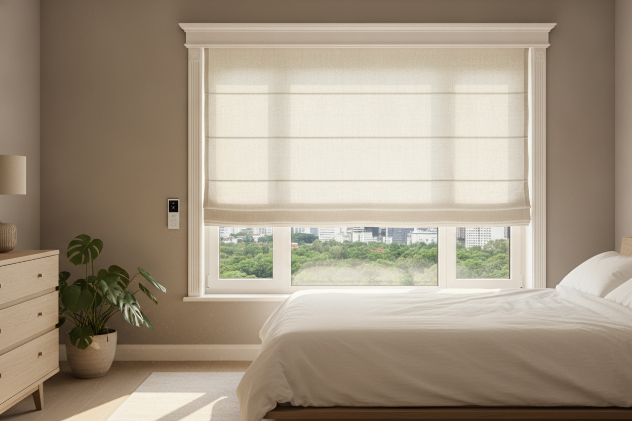 I Hid My Ugly Smart Window Motors by Decorating With Roman Shades