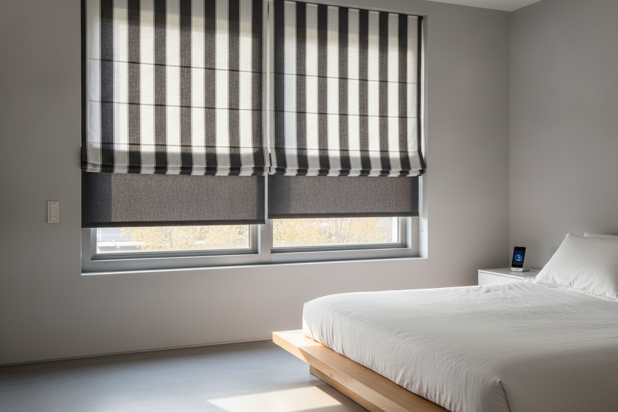 I Automated a Black and White Stripe Roman Shade to Stop Crooked Pulls
