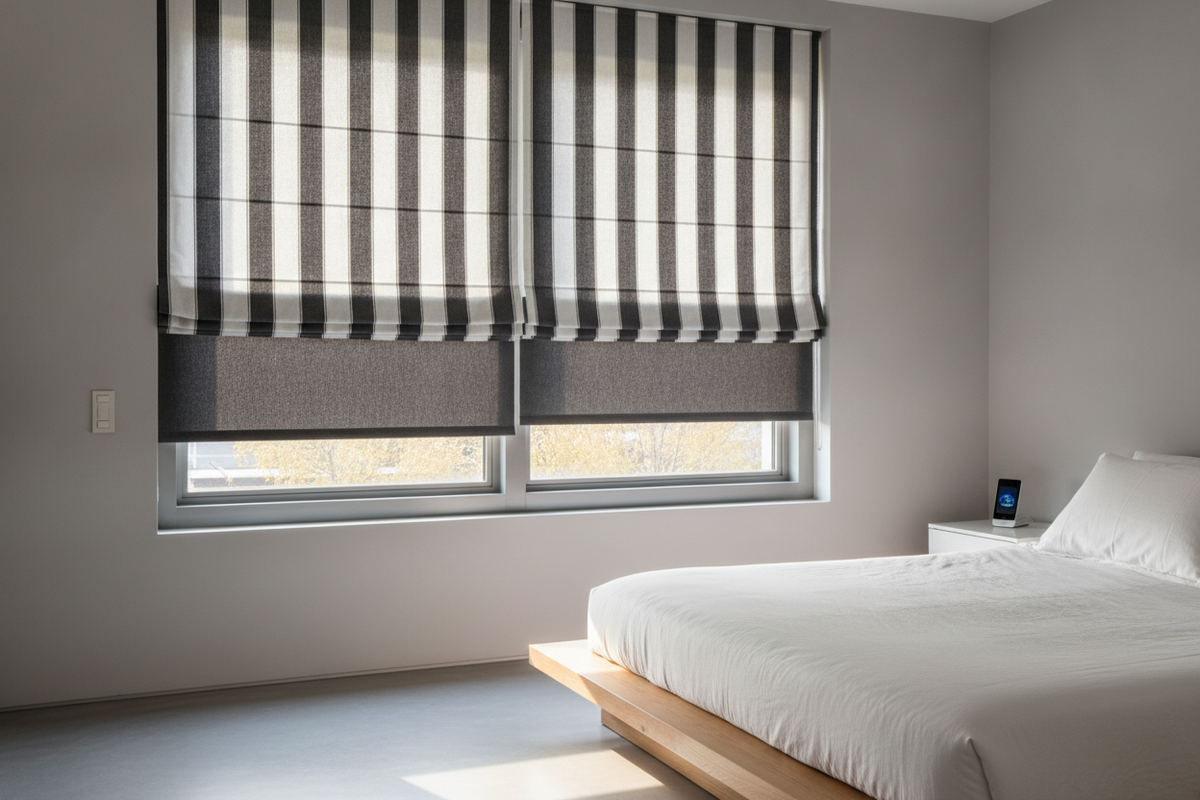 I Automated a Black and White Stripe Roman Shade to Stop Crooked Pulls