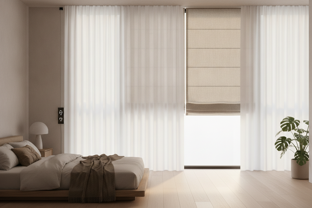 How I Automated Roman Blinds With Sheer Curtains (Without Fabric Snags)