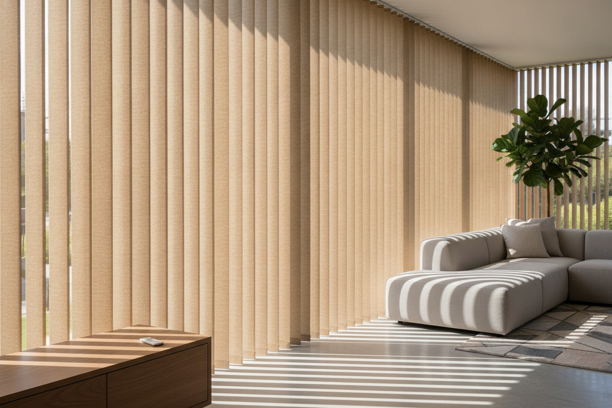 Tan Vertical Blinds: Style Guide, Vane Profiles, and Smart Motorization