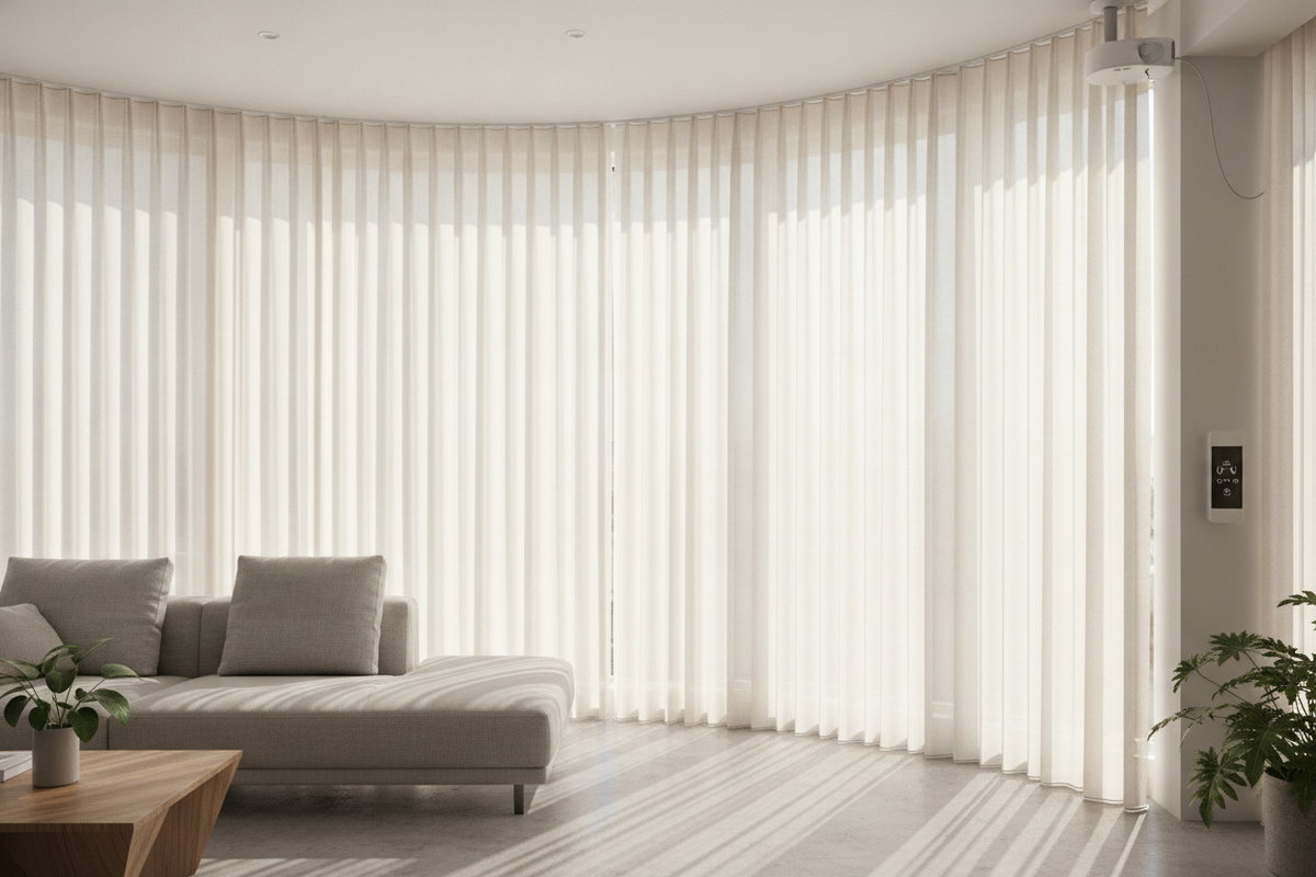 Curved Bay Window Blinds: Track Engineering, Louvre Physics, and Smart Motorization