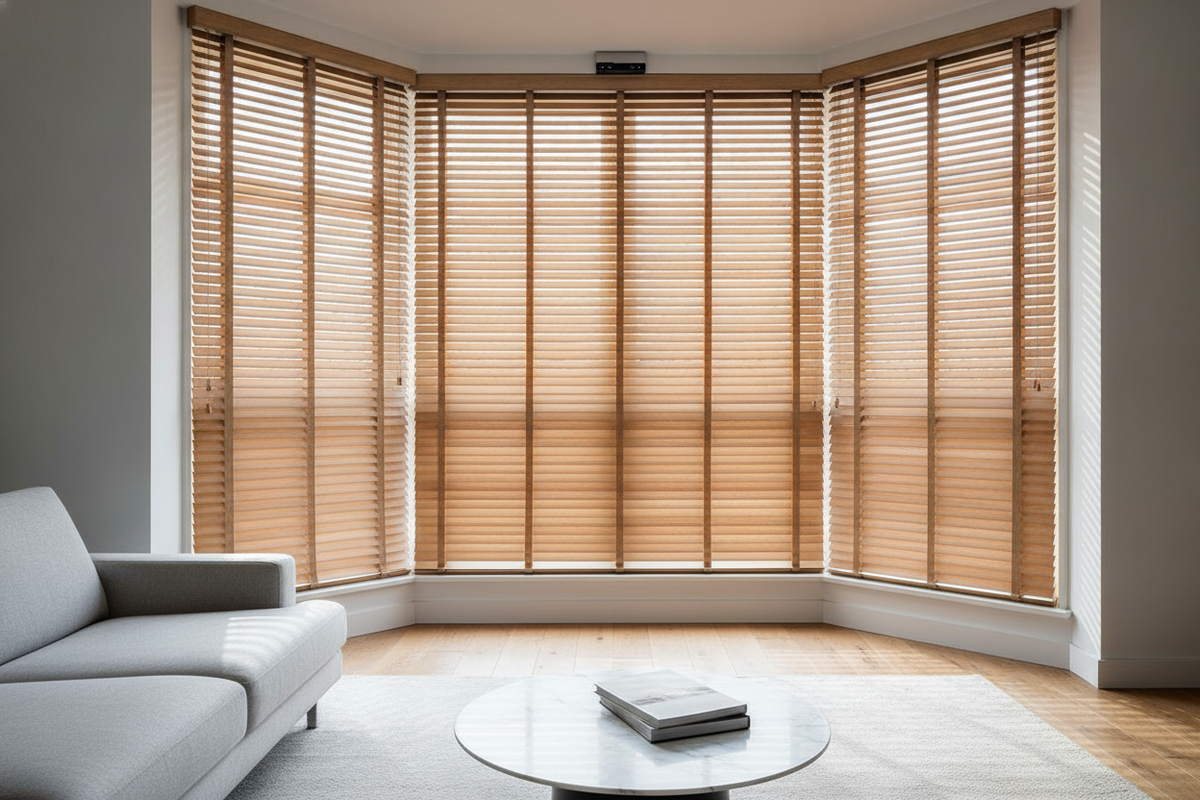 Faux Wood Blinds for Bay Windows: Clearance Geometry, Material Dynamics, and Smart Motorization