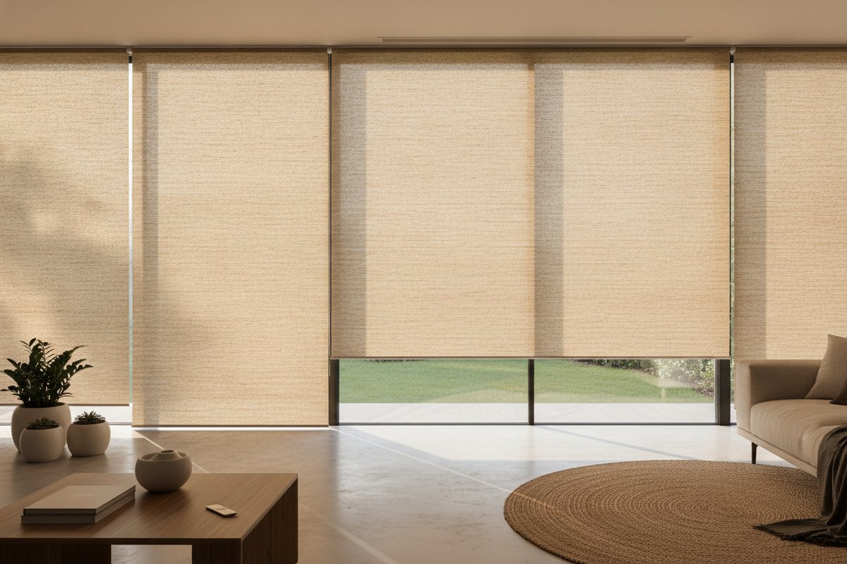 Hatteras Camel Blinds: Natural Woven Textures, Weave Dynamics, and Smart Motorization