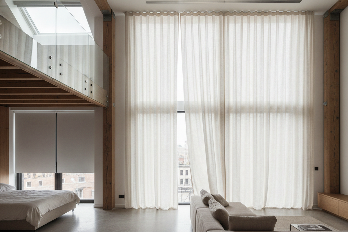 Loft Curtains Guide: High Ceilings, Room Zoning, and Smart Motorized Drapery Systems