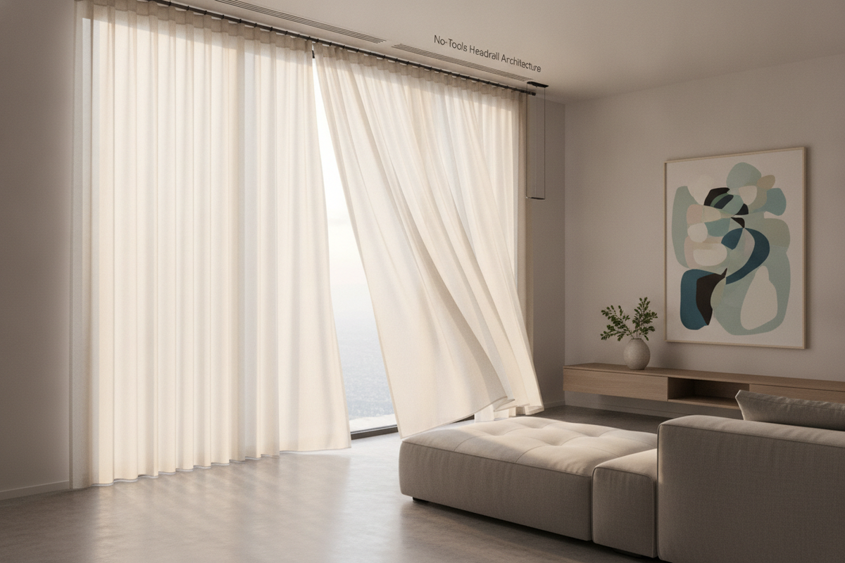 No-Tools Headrail Architecture: Tension Mechanics, Installation Clearance, and Smart Motorization