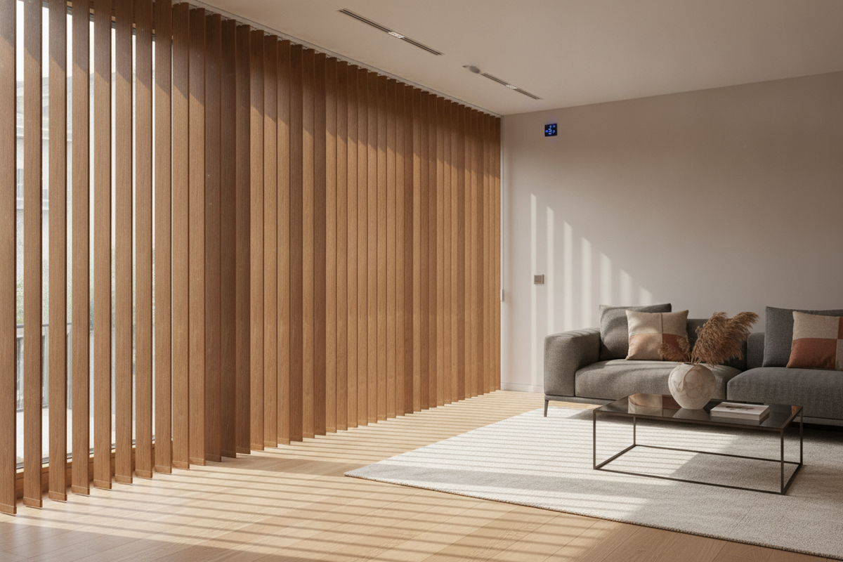 Vertical Brown Blinds: Slat Materials, Tonal Design, and Smart Track Automation