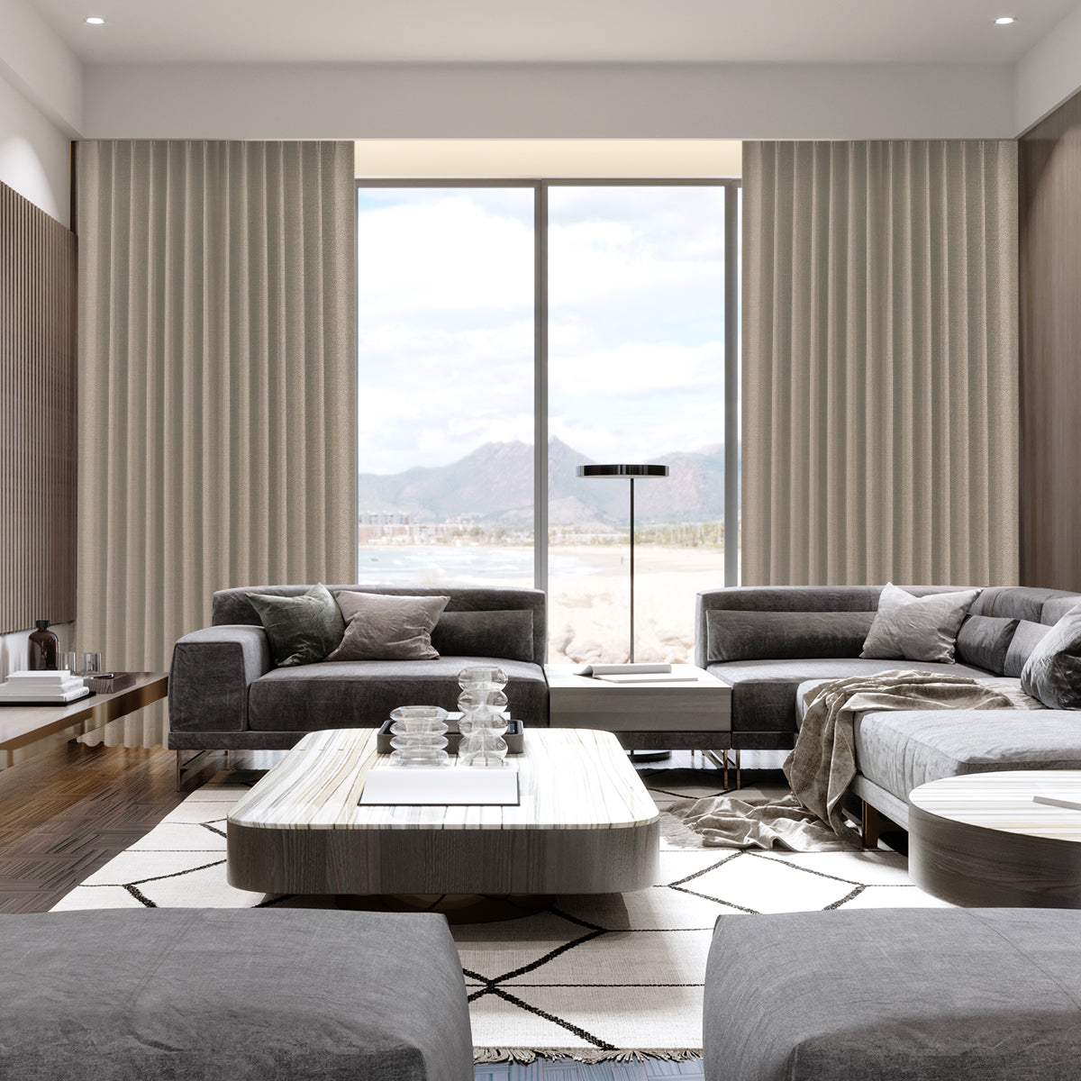 Modern living room with floor-to-ceiling windows framed by wheat-colored motorized blackout drapes drawn to each side