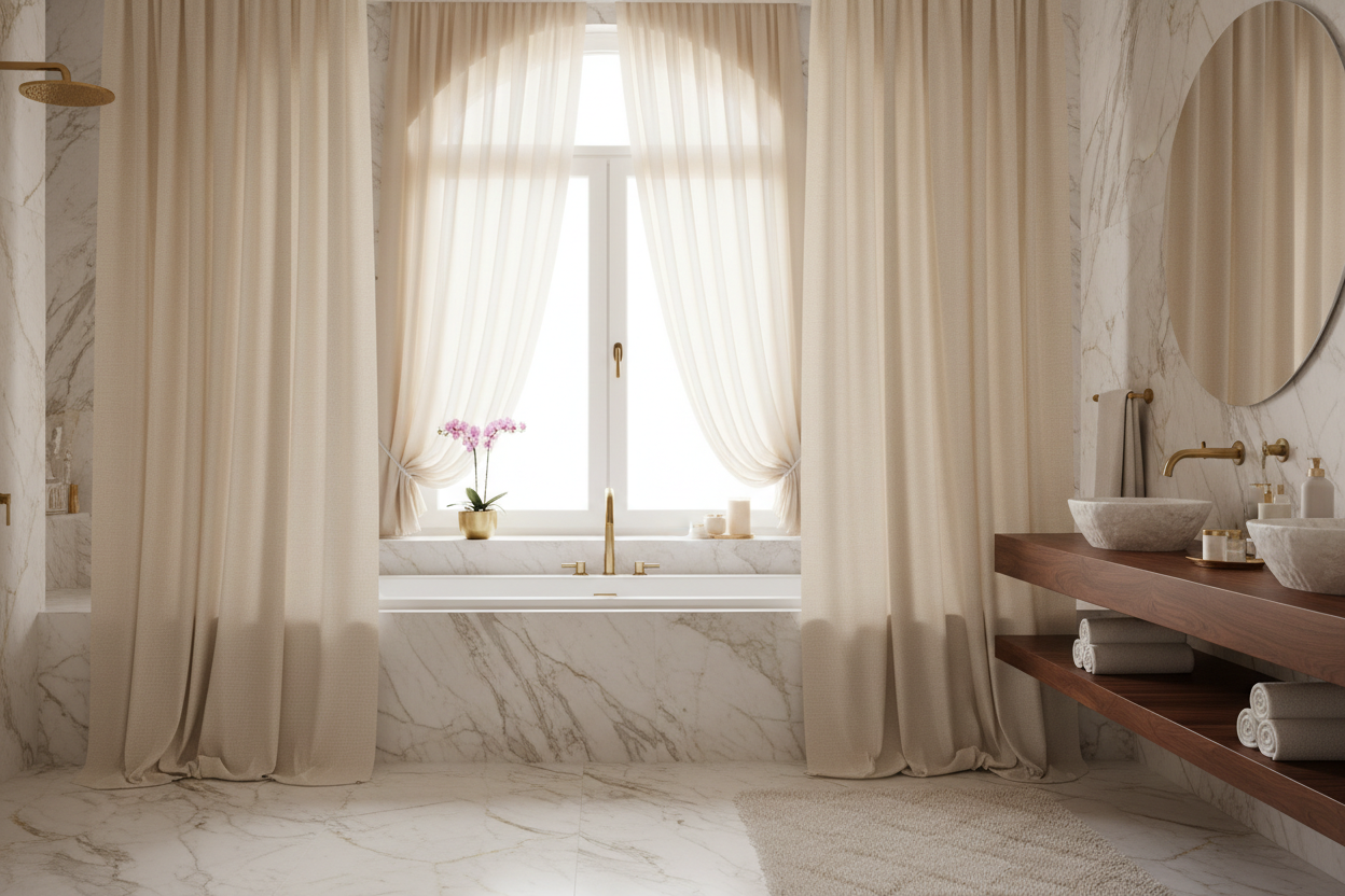 Elegant Bathroom and Window Styling with Serena Curtains and Shower Curtains