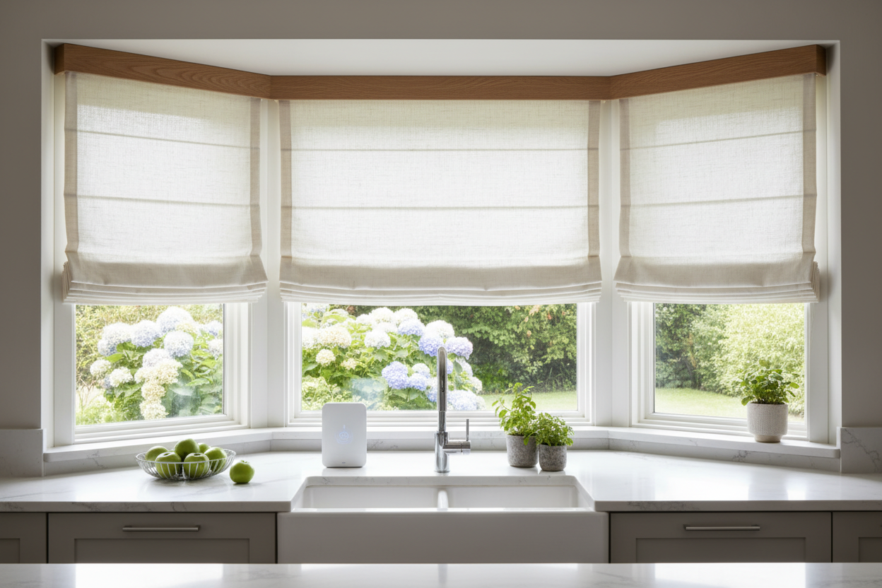 Hard-to-Reach Bay Window? Automate Your Kitchen Roman Shades