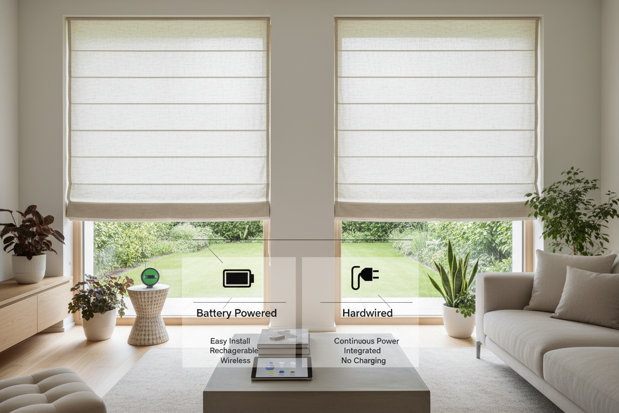 Smart Fabric Roll Up Shades: Battery vs. Hardwired Guide