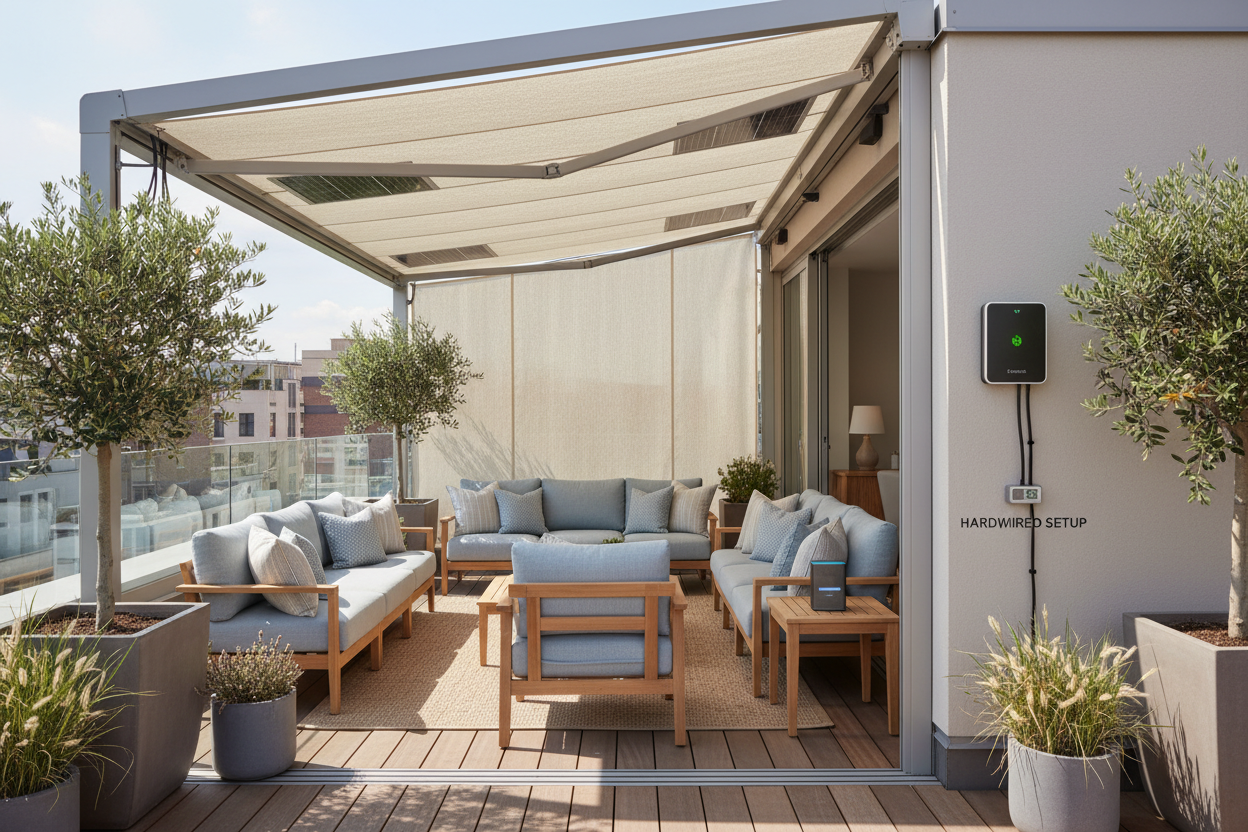 Smart Roof Deck Shade: Solar Power vs. Hardwired Setup