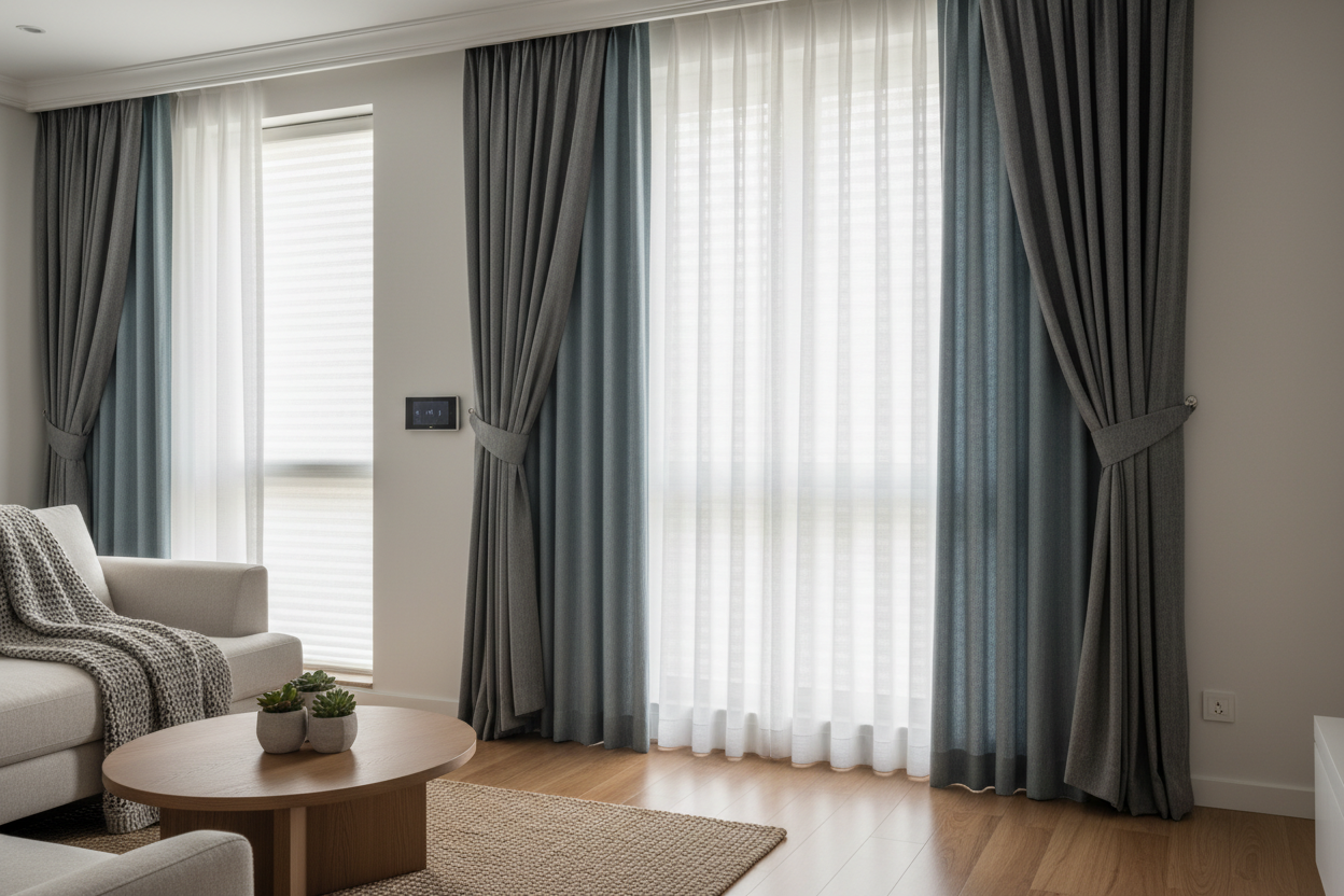 Motorized Cellular Shades with Curtains: The Dual-Layer Smart Setup