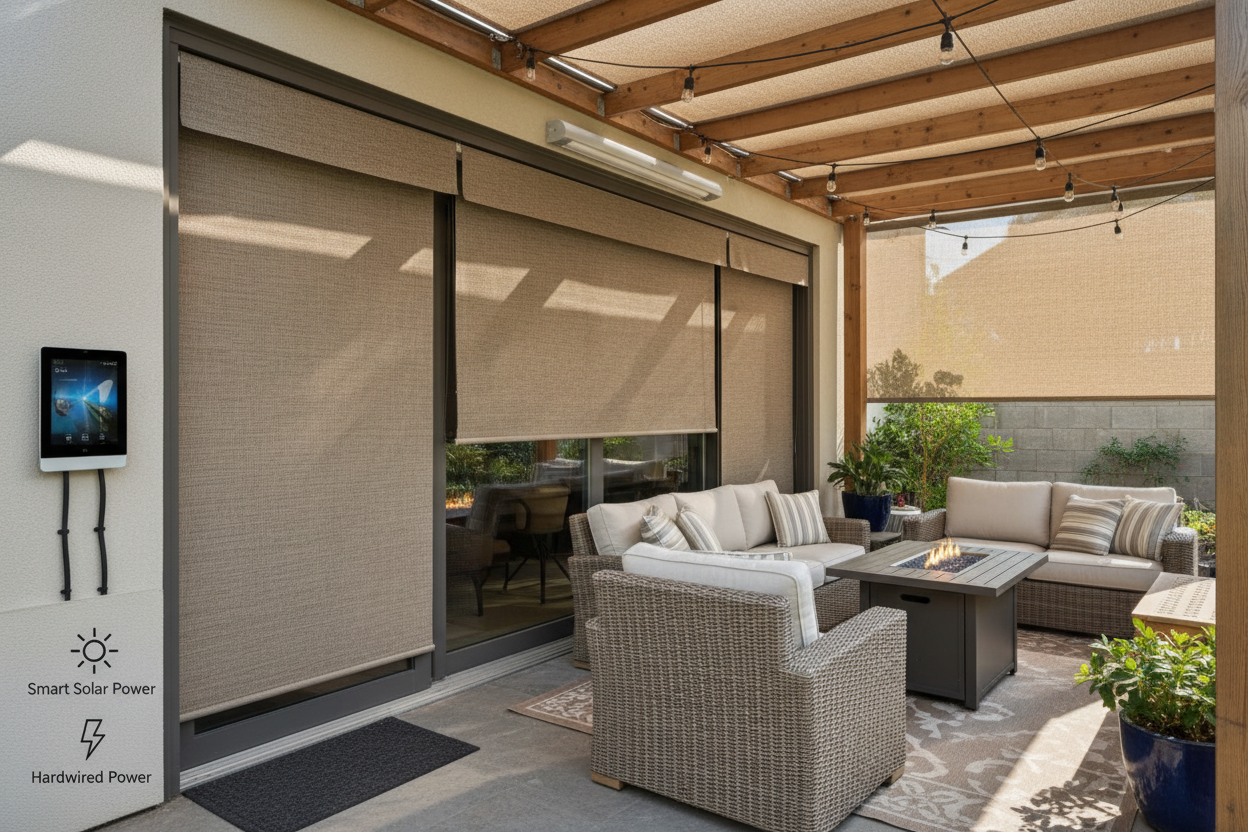 Custom Exterior Shades: Smart Solar vs. Hardwired Power Guide