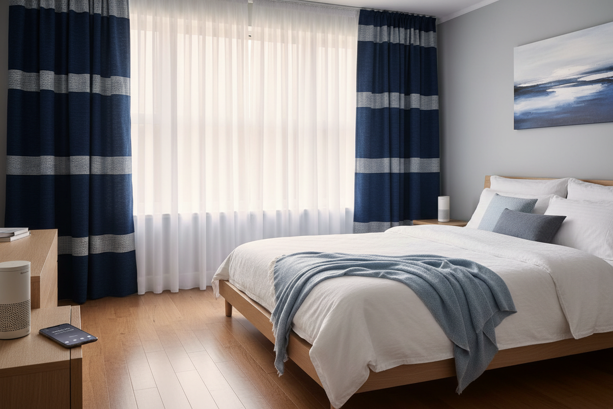 Wake Up in Style: Voice-Controlled Blue and White Window Shades