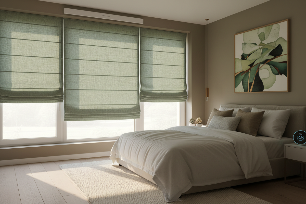 Green Roman Shade Setup: Waking Up to Smart Natural Light