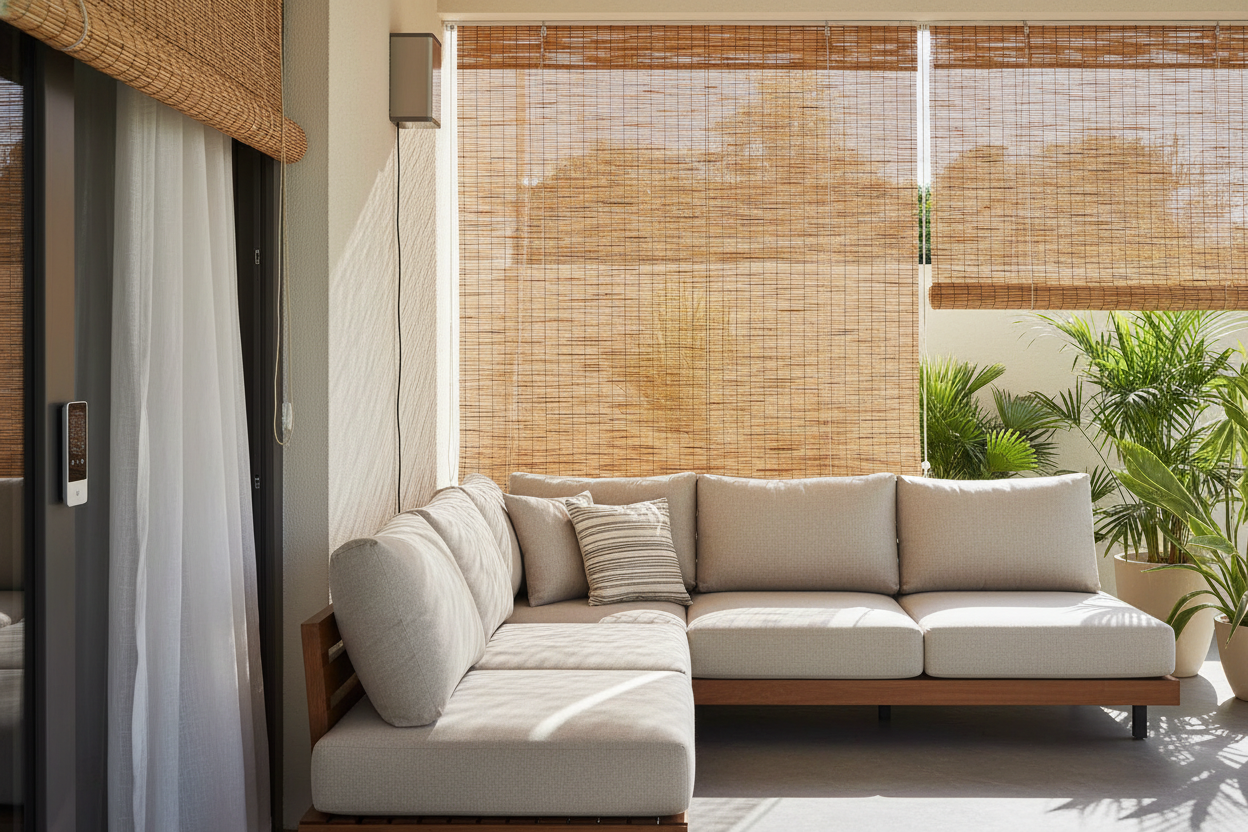 Bamboo roller blind outdoor tech: Motorizing patio shades