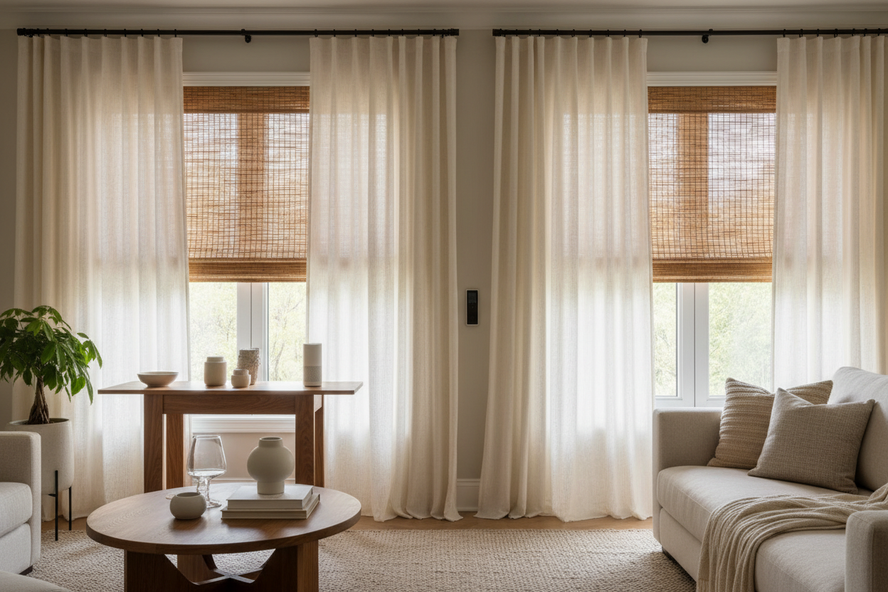 Bamboo Shades with Drapes: Motorizing the Layered Look