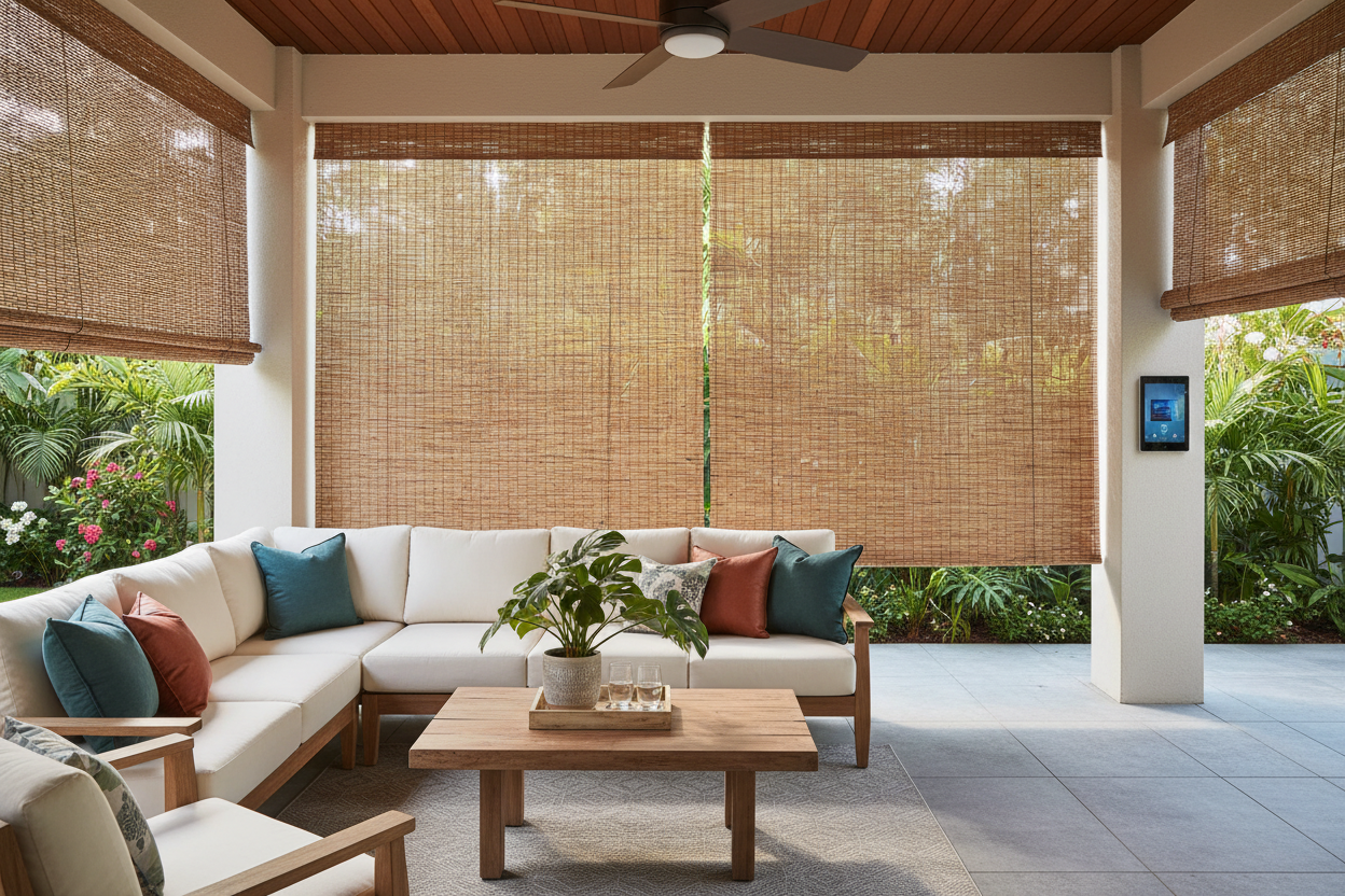 My 84-inch wide outdoor bamboo shades Smart Patio Upgrade