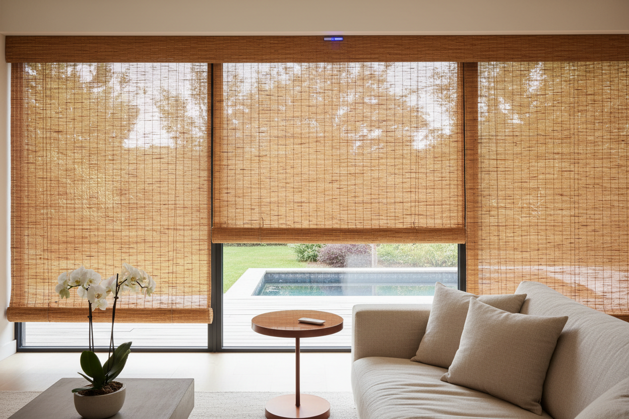Motorized faux bamboo outdoor blinds: Smart shade without the rot