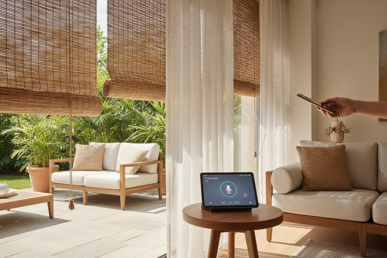 Bamboo Blind Outdoor Setup: Effortless Voice-Controlled Patio Shade