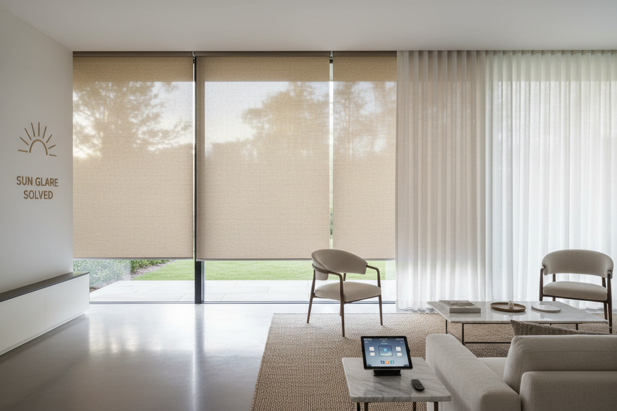 Motorized 12 foot outdoor roller shade: Sun Glare Solved