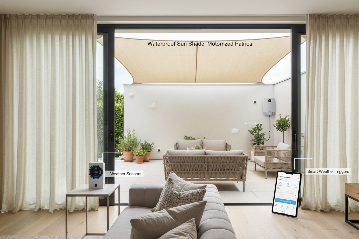 Waterproof Sun Shade: Motorized Patios & Smart Weather Triggers
