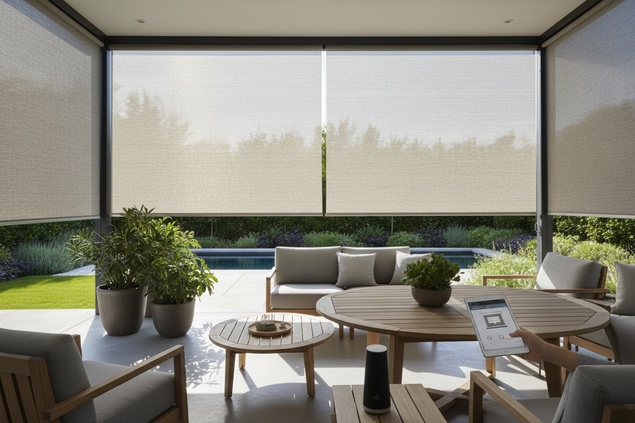 Smart Outdoor Porch Roll Up Shades: Voice-Controlled Comfort