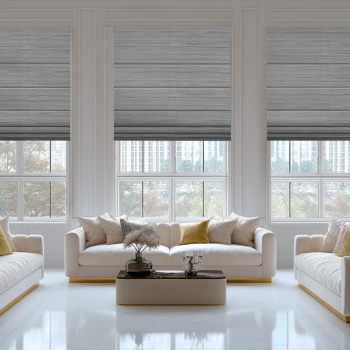 Grey motorized roman shades over three tall living room windows behind a cream sofa