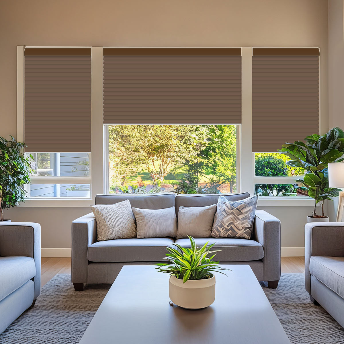 Coffee brown room darkening sheer shades lowered over living room windows above a grey sofa