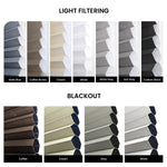 Color swatches for light filtering and blackout blinds with various shades.