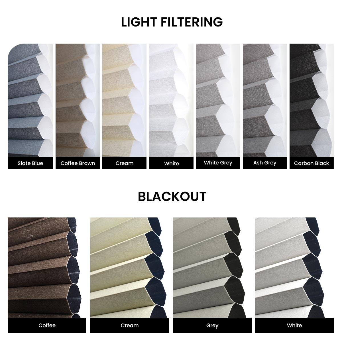 Color swatches for light filtering and blackout blinds with various shades.