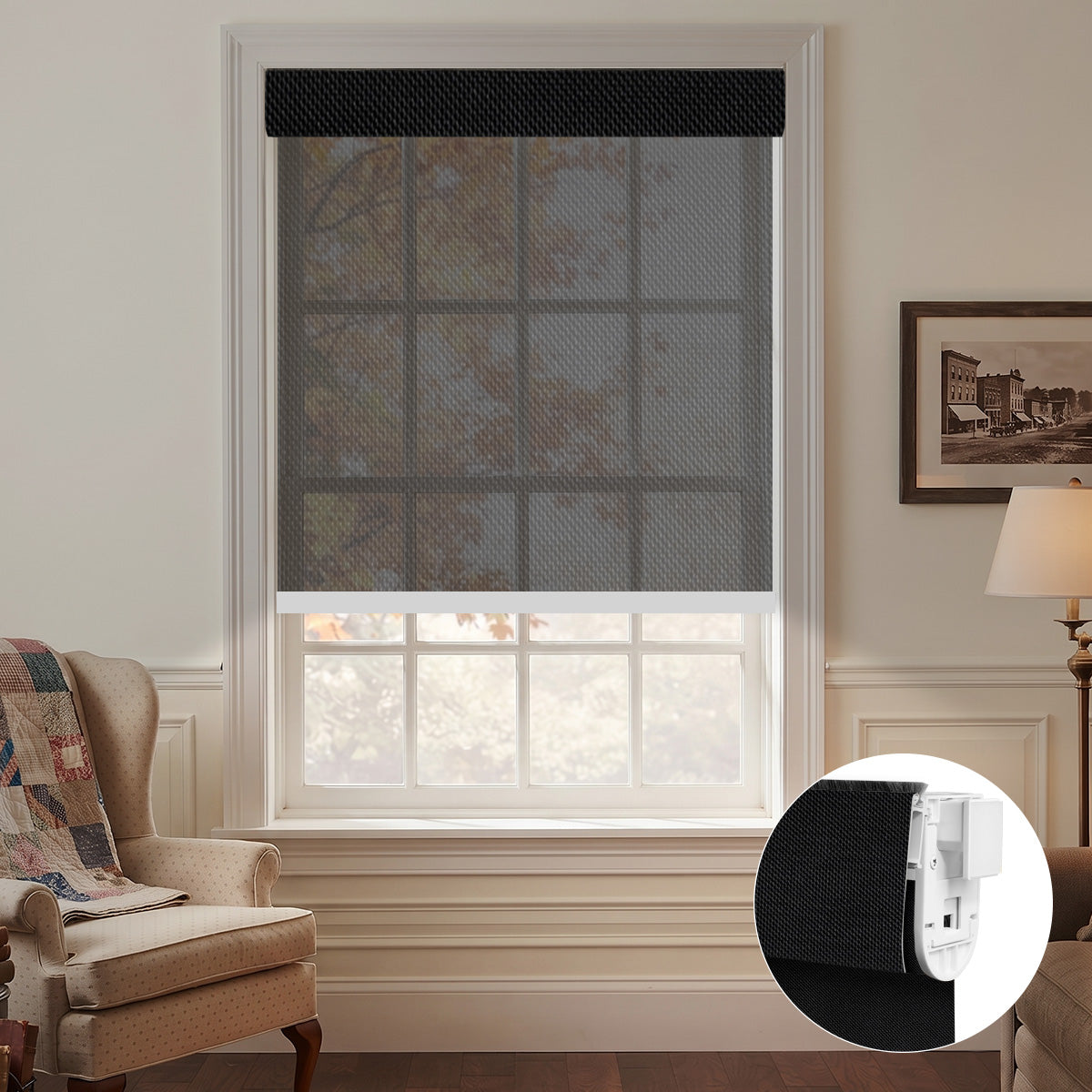 No Drill Motorized Light Filtering Solar Roller Shades | Aventus Series