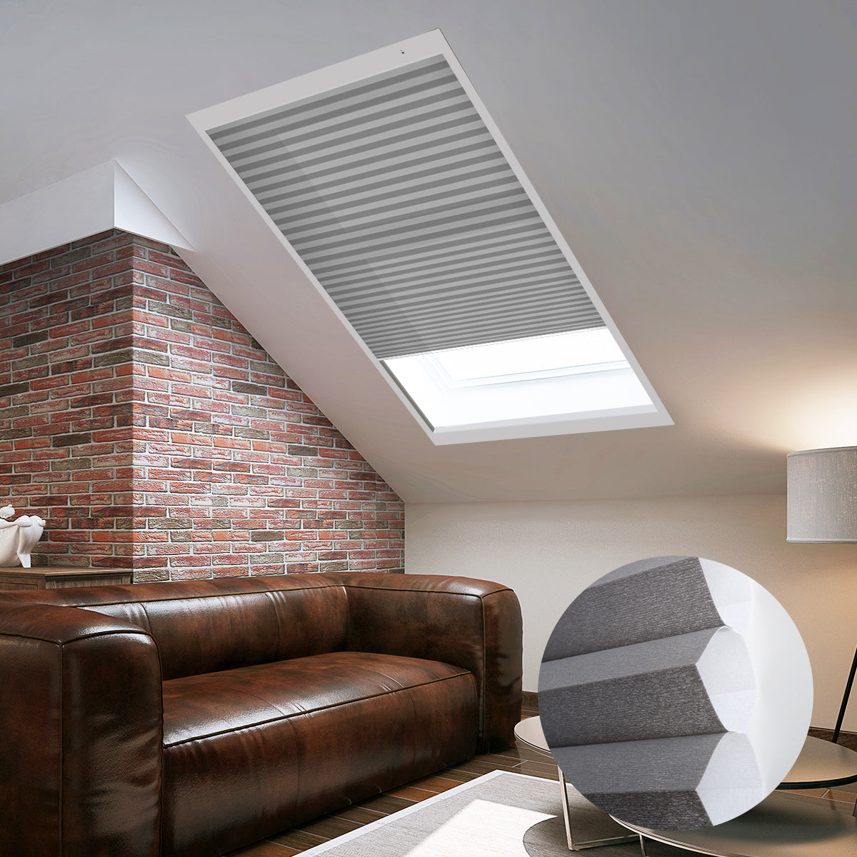 Skylights with blinds above a cozy bed, set against a warm-toned exposed brick wall.