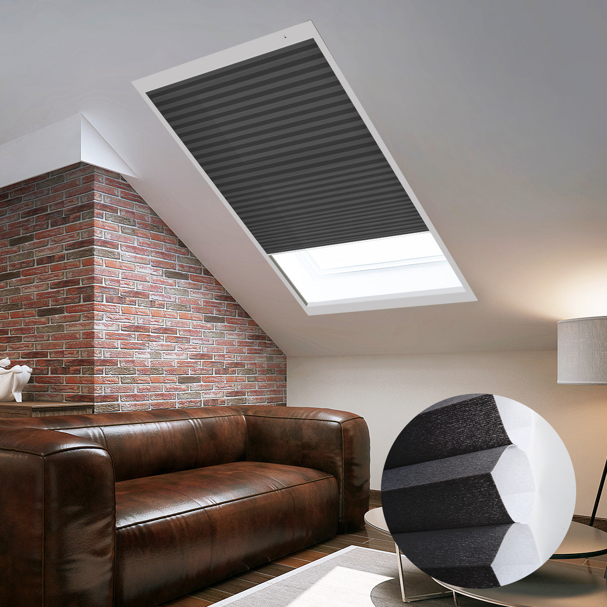 Skylights with blinds above a cozy bed, set against a warm-toned exposed brick wall.