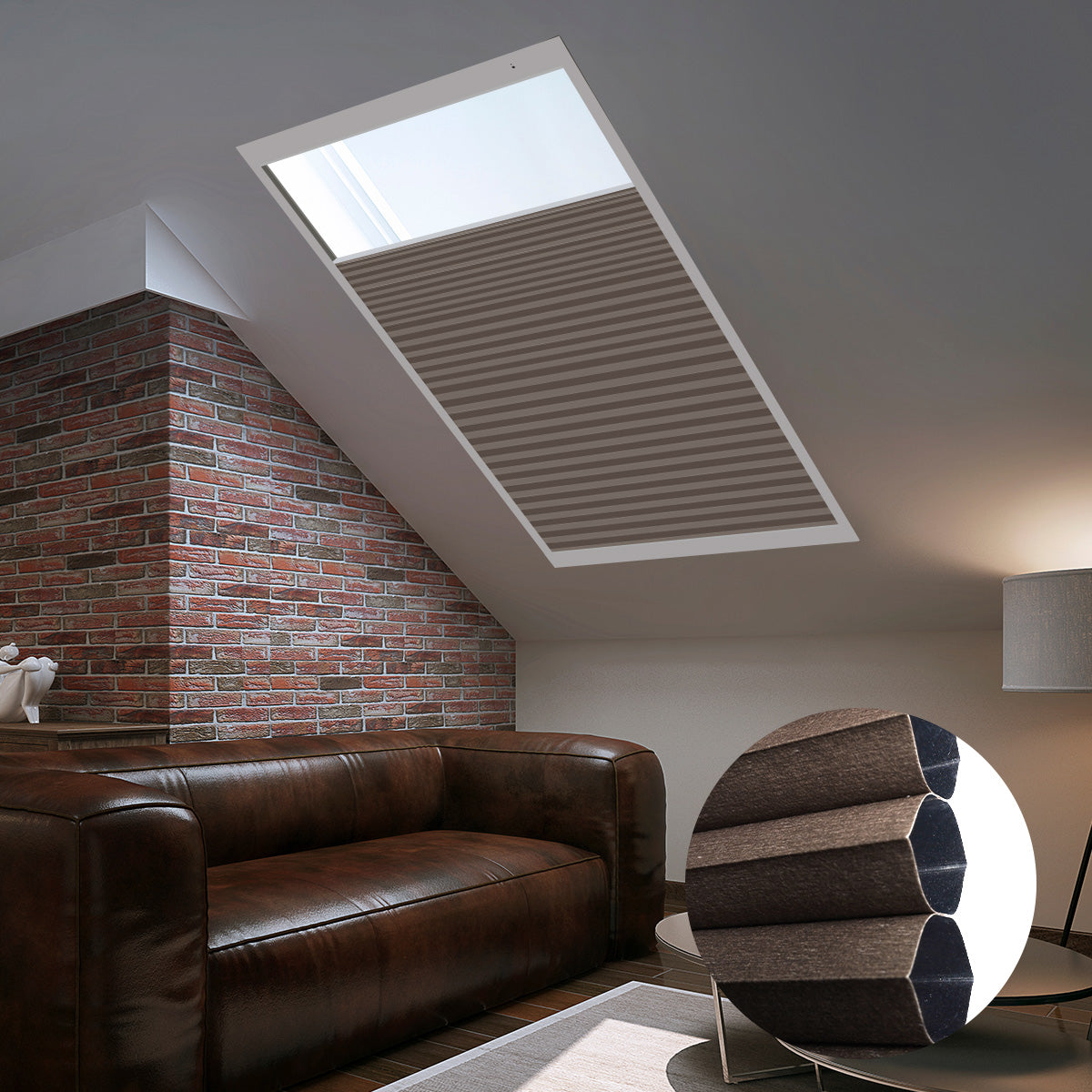 Skylights with blinds above a cozy bed, set against a warm-toned exposed brick wall.