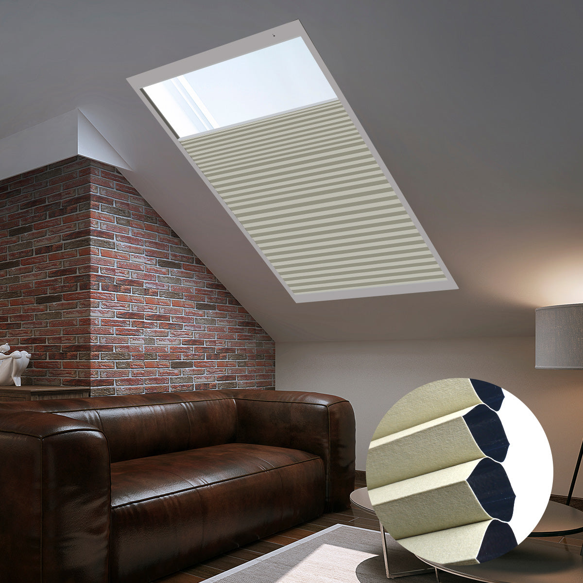 Skylights with blinds above a cozy bed, set against a warm-toned exposed brick wall.