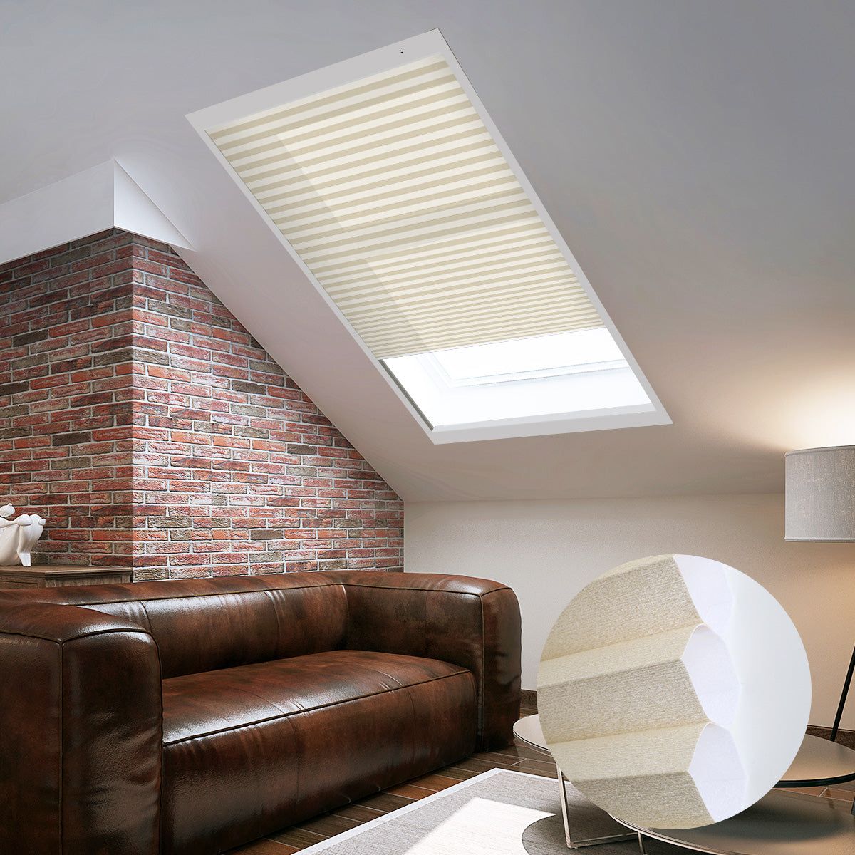 Skylights with blinds above a cozy bed, set against a warm-toned exposed brick wall.