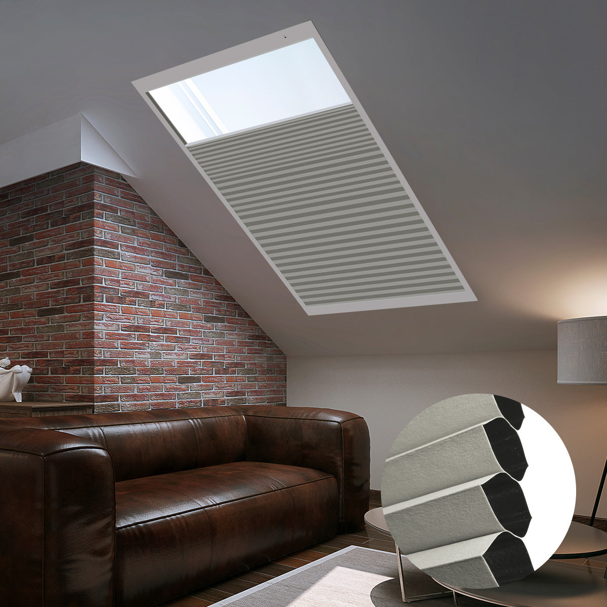 Skylights with blinds above a cozy bed, set against a warm-toned exposed brick wall.