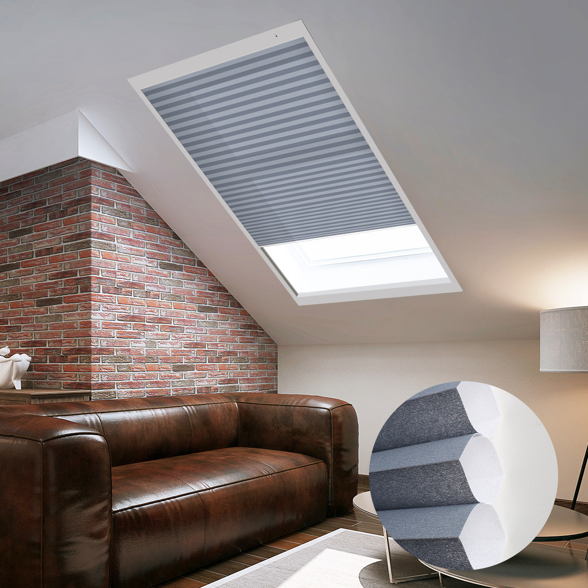 Skylights with blinds above a cozy bed, set against a warm-toned exposed brick wall.