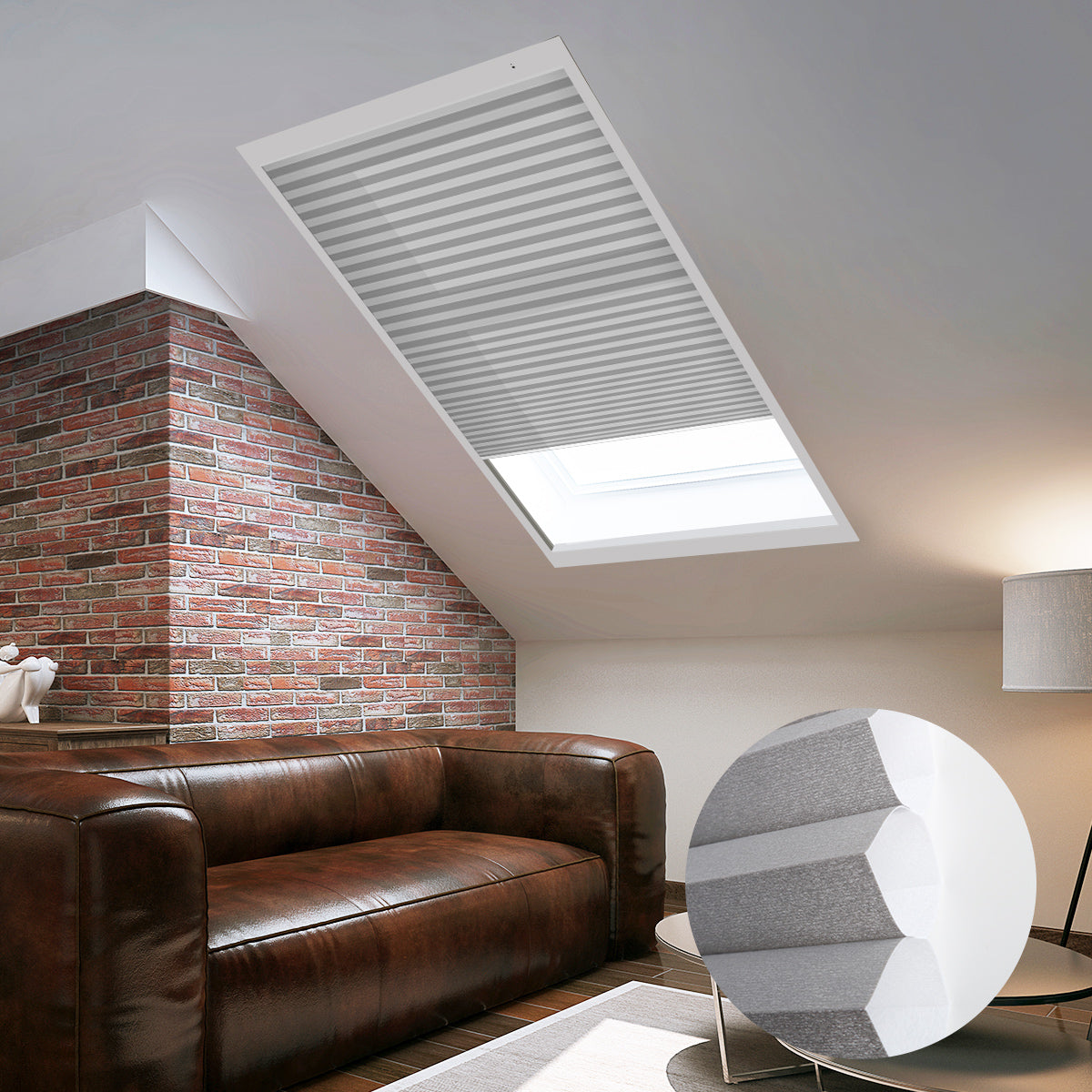 Skylights with blinds above a cozy bed, set against a warm-toned exposed brick wall.