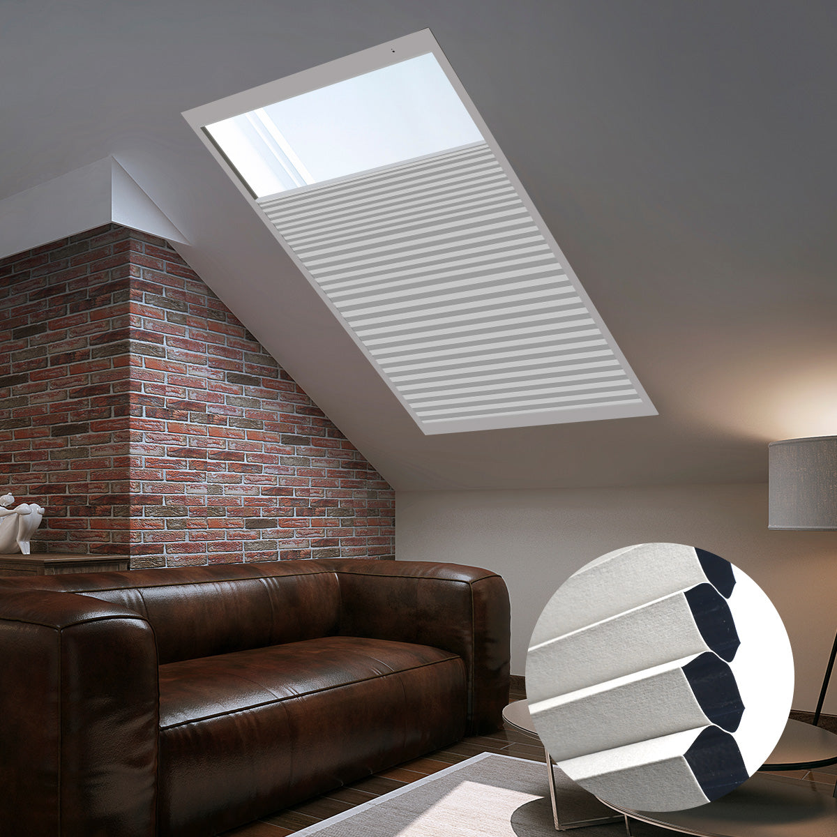 Bright living room with a skylight, featuring a rich brown leather sofa and warm decor.