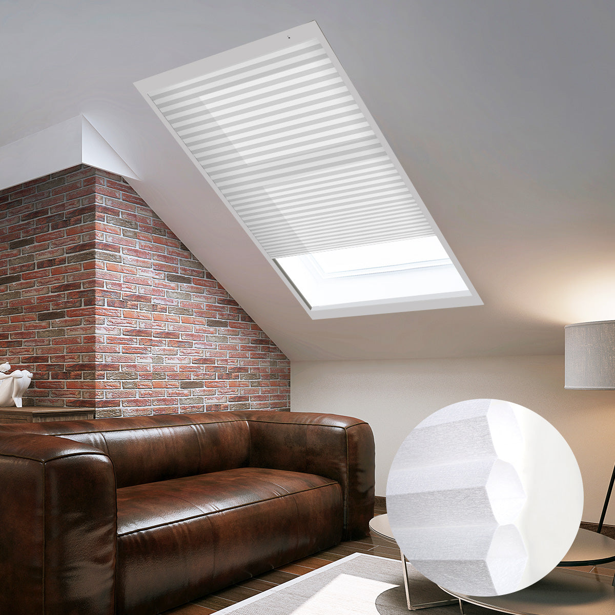 Skylights with blinds above a cozy bed, set against a warm-toned exposed brick wall.