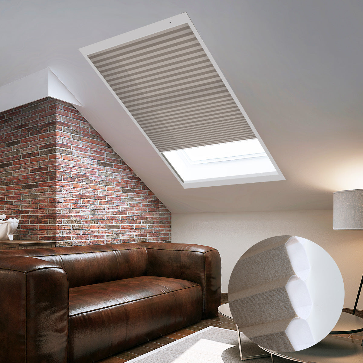 Skylights with blinds above a cozy bed, set against a warm-toned exposed brick wall.