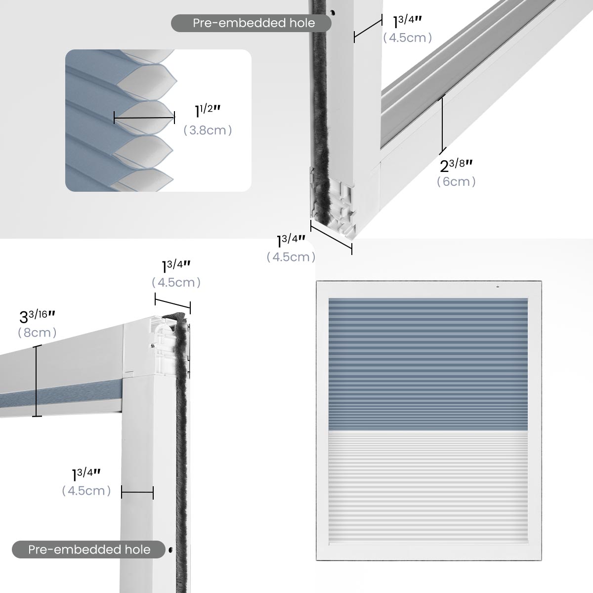 Accurate and Complete Dimension Description ensures a perfect fit and optimal performance of the Day/Night skylight cellular blinds.