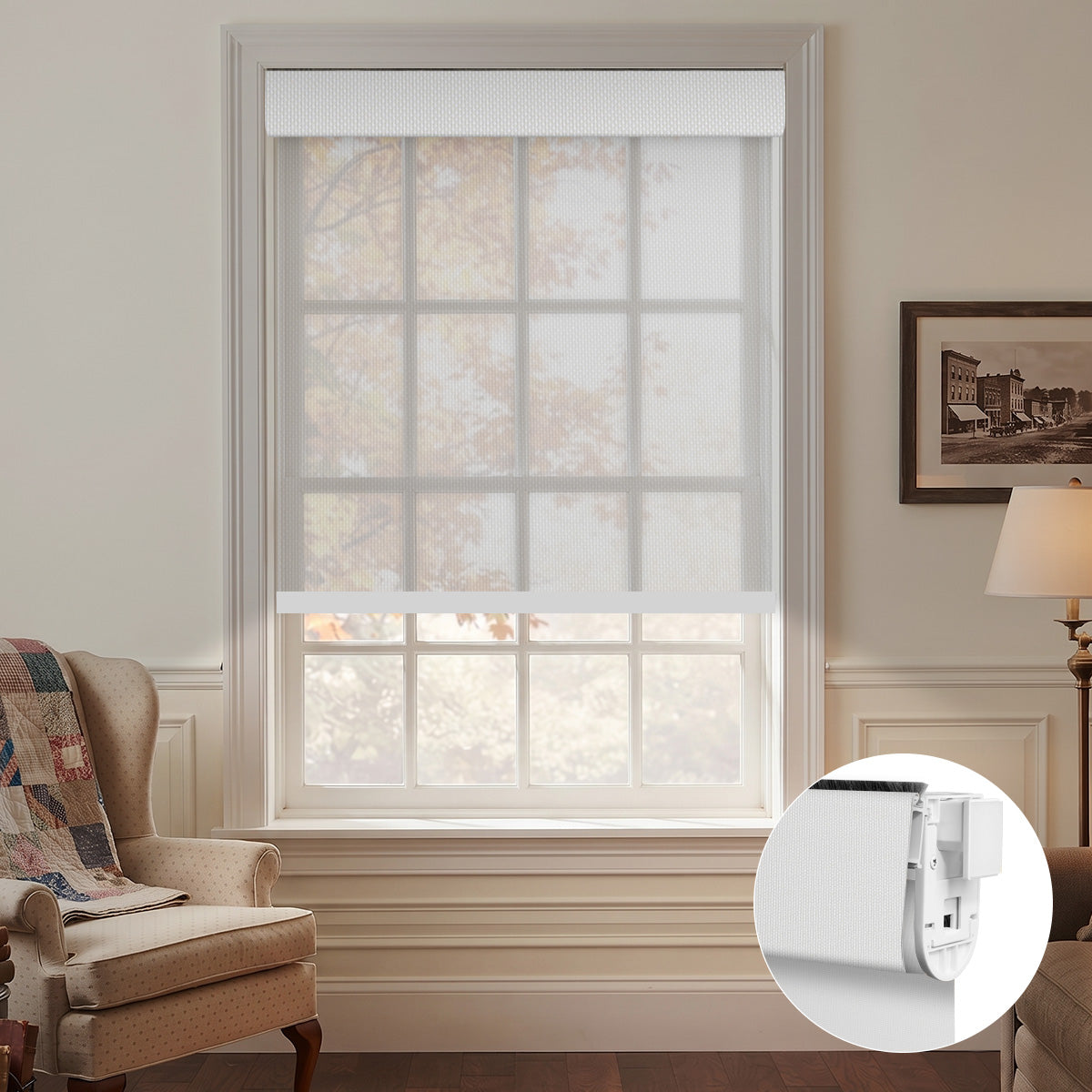 No Drill Motorized Light Filtering Solar Roller Shades | Aventus Series
