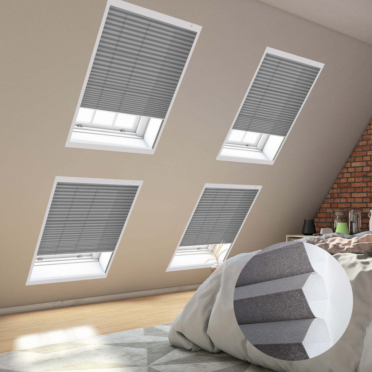 Cozy bedroom with skylights covered by blinds, showcasing a comfortable bed adorned with soft pillows.
