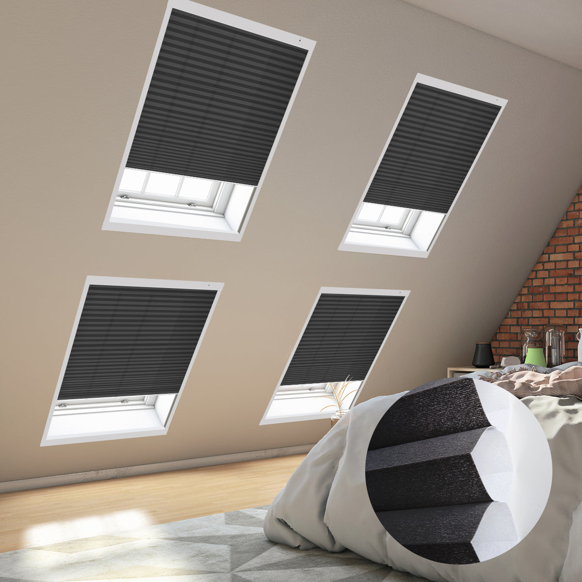 Black blinds installed in multiple skylights of a room with a bed in the foreground.