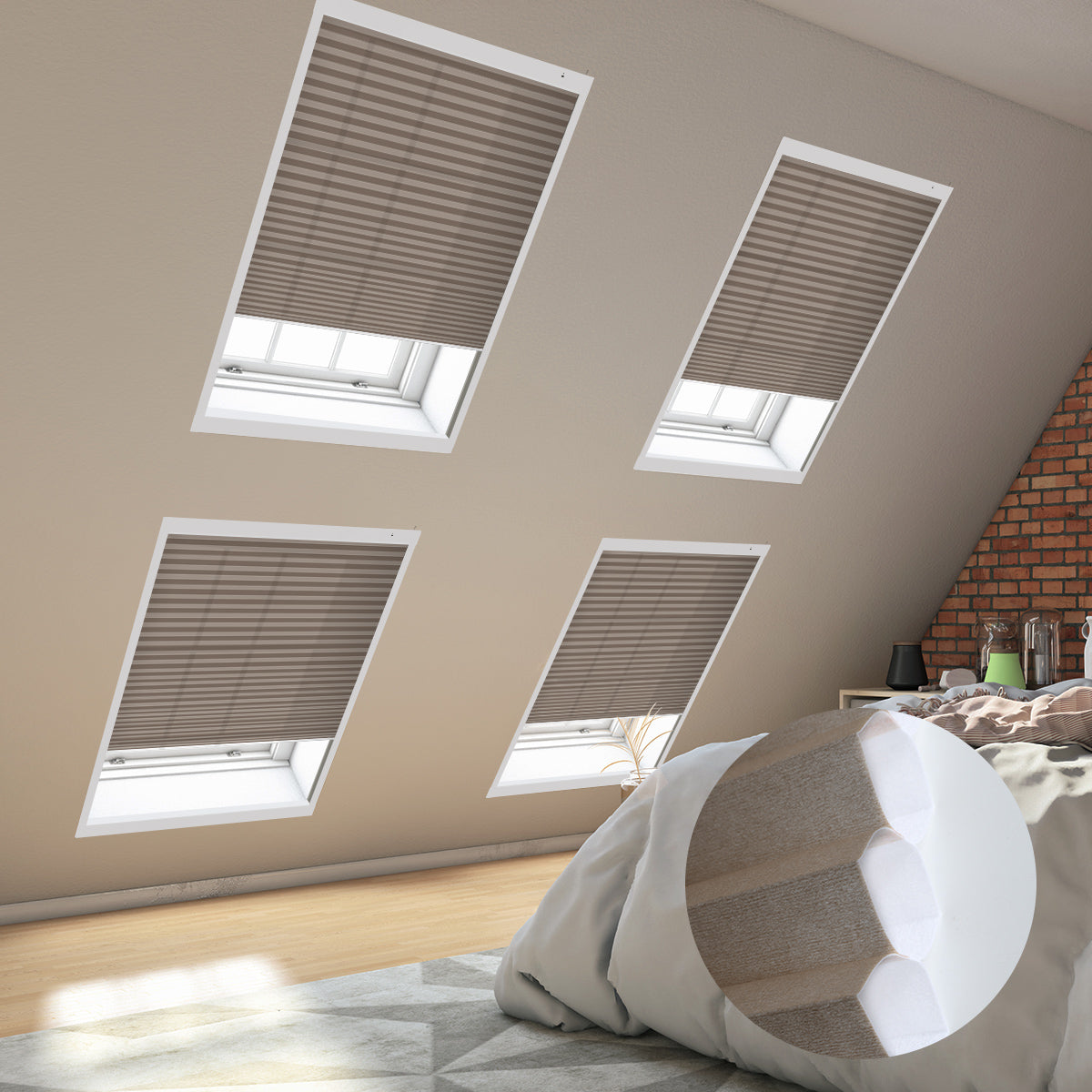 Cozy bedroom with skylights covered by blinds, showcasing a comfortable bed adorned with soft pillows.